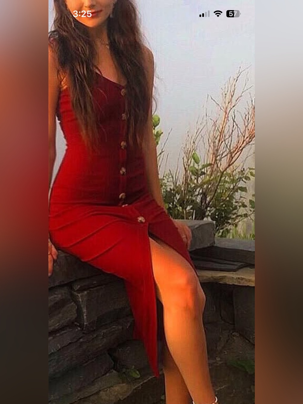 Red Button-Front Midi Dress with Side Slit